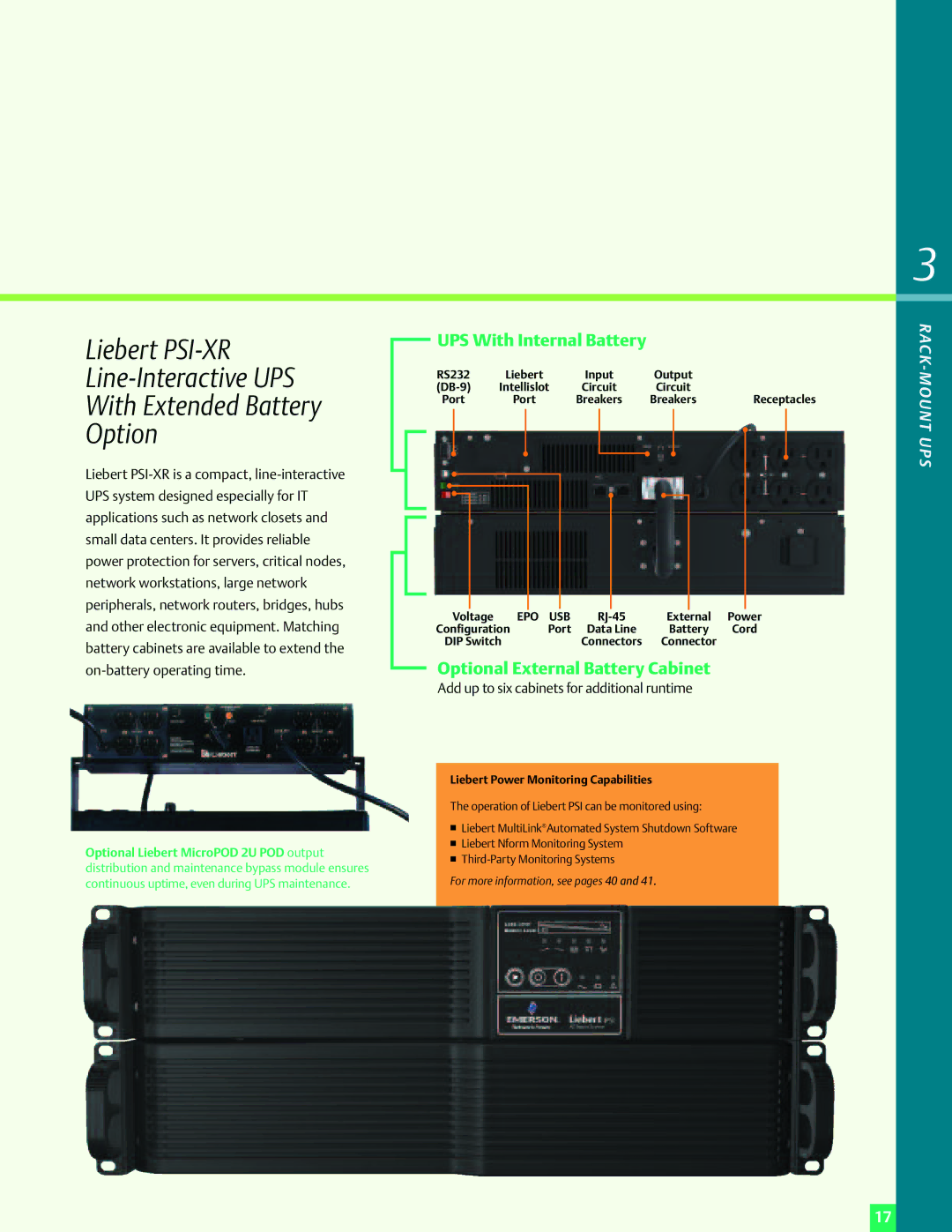 Emerson Power Solutions manual UPS With Internal Battery, Optional External Battery Cabinet 