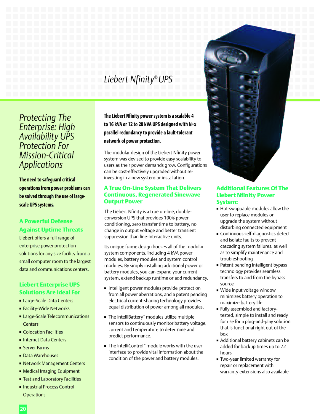 Emerson Power Solutions manual Powerful Defense Against Uptime Threats, Additional Features Liebert Nfinity Power System 