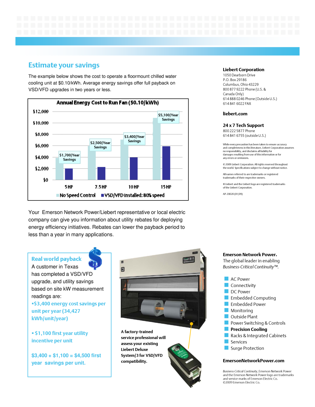 Emerson Precision Cooling manual ƒ$3,400 energy cost savings per unit per year 34,427 kWh/unit/year, Estimate your savings 