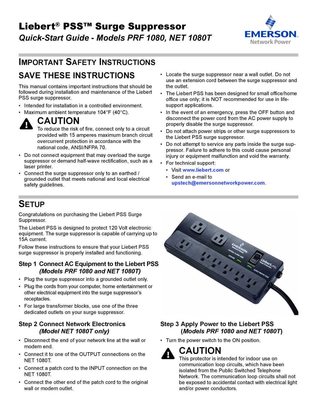 Emerson NET 1080T quick start Important Safety Instructions, Setup, Connect Network Electronics, Save These Instructions 