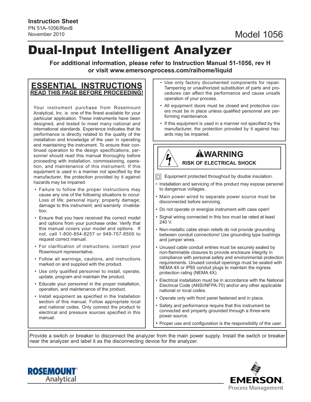 Emerson Process Management 1056 instruction sheet Dual-Input Intelligent Analyzer 