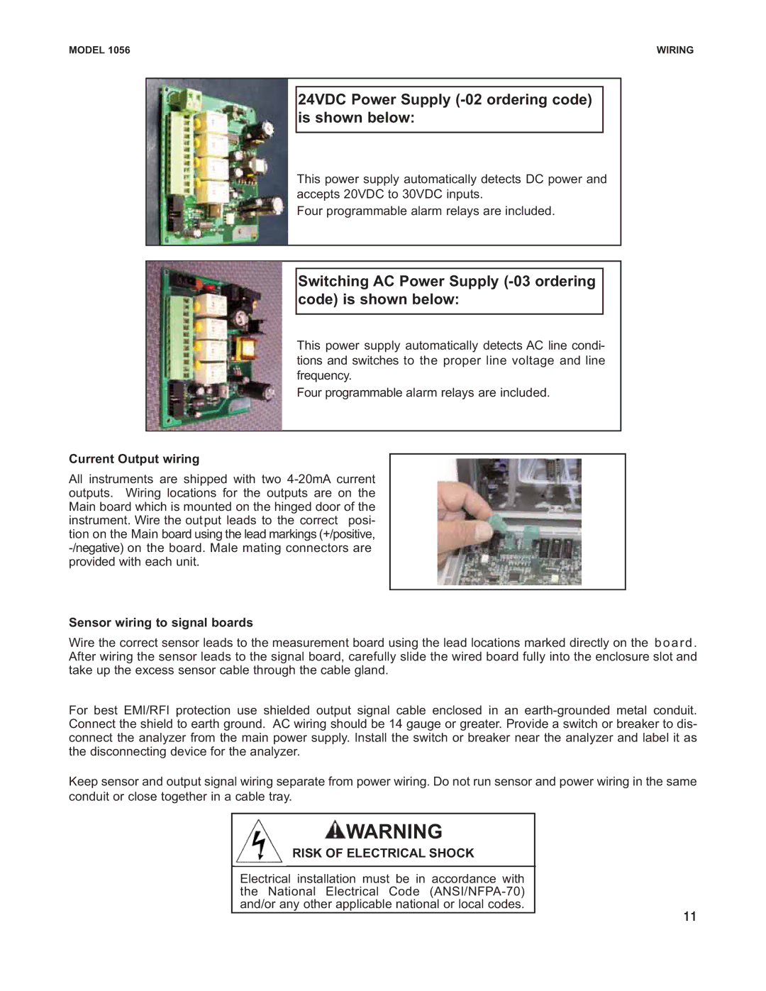 Emerson Process Management 1056 instruction sheet Current Output wiring, Sensor wiring to signal boards 