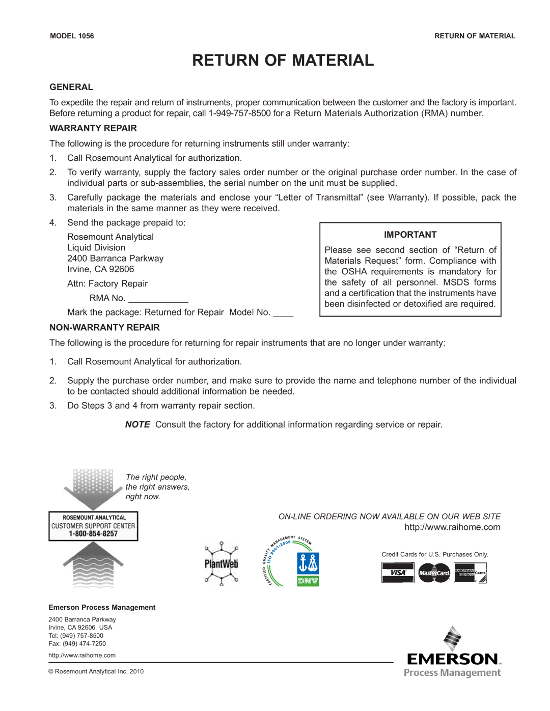 Emerson Process Management 1056 instruction sheet Return of Material, General 