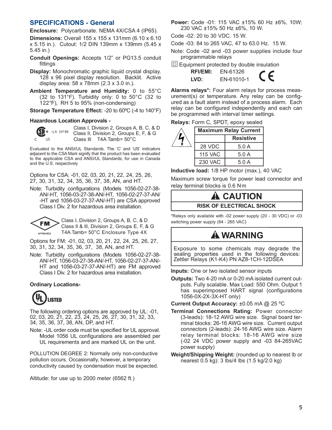 Emerson Process Management 1056 instruction sheet Ordinary Locations, RFI/EMI EN-61326, Maximum Relay Current Resistive 