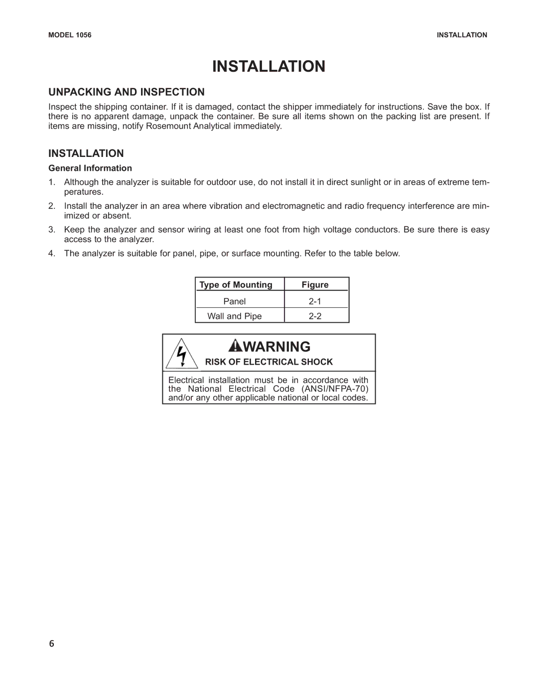 Emerson Process Management 1056 Installation, Unpacking and Inspection, General Information, Type of Mounting 