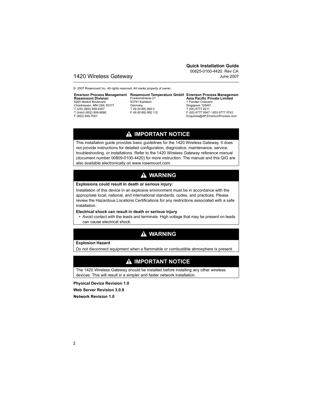 Emerson Process Management 1420 manual Important Notice 