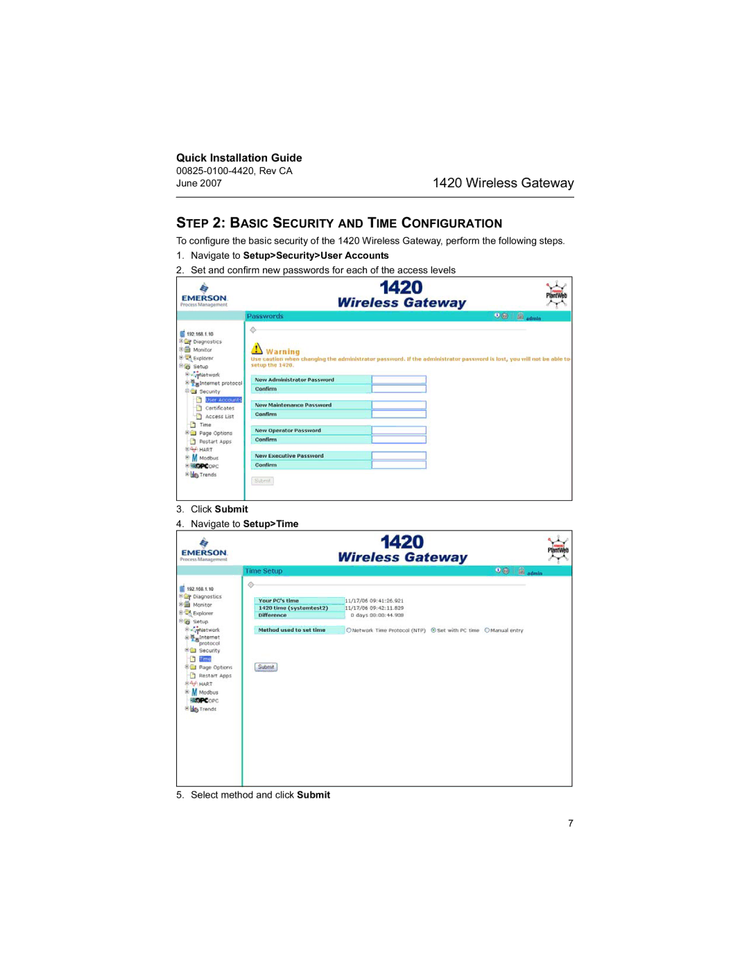 Emerson Process Management 1420 manual Basic Security and Time Configuration 