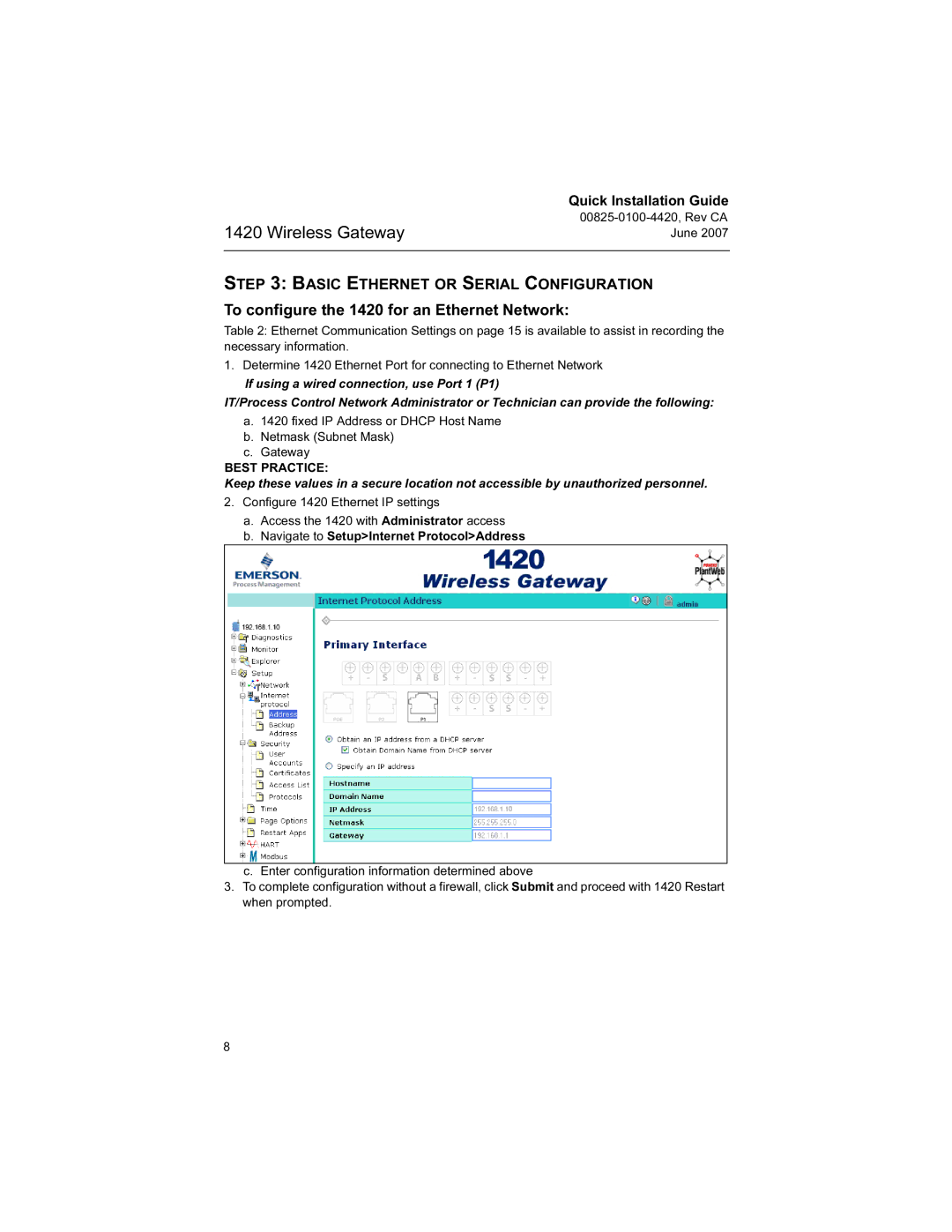 Emerson Process Management manual Basic Ethernet or Serial Configuration, To configure the 1420 for an Ethernet Network 