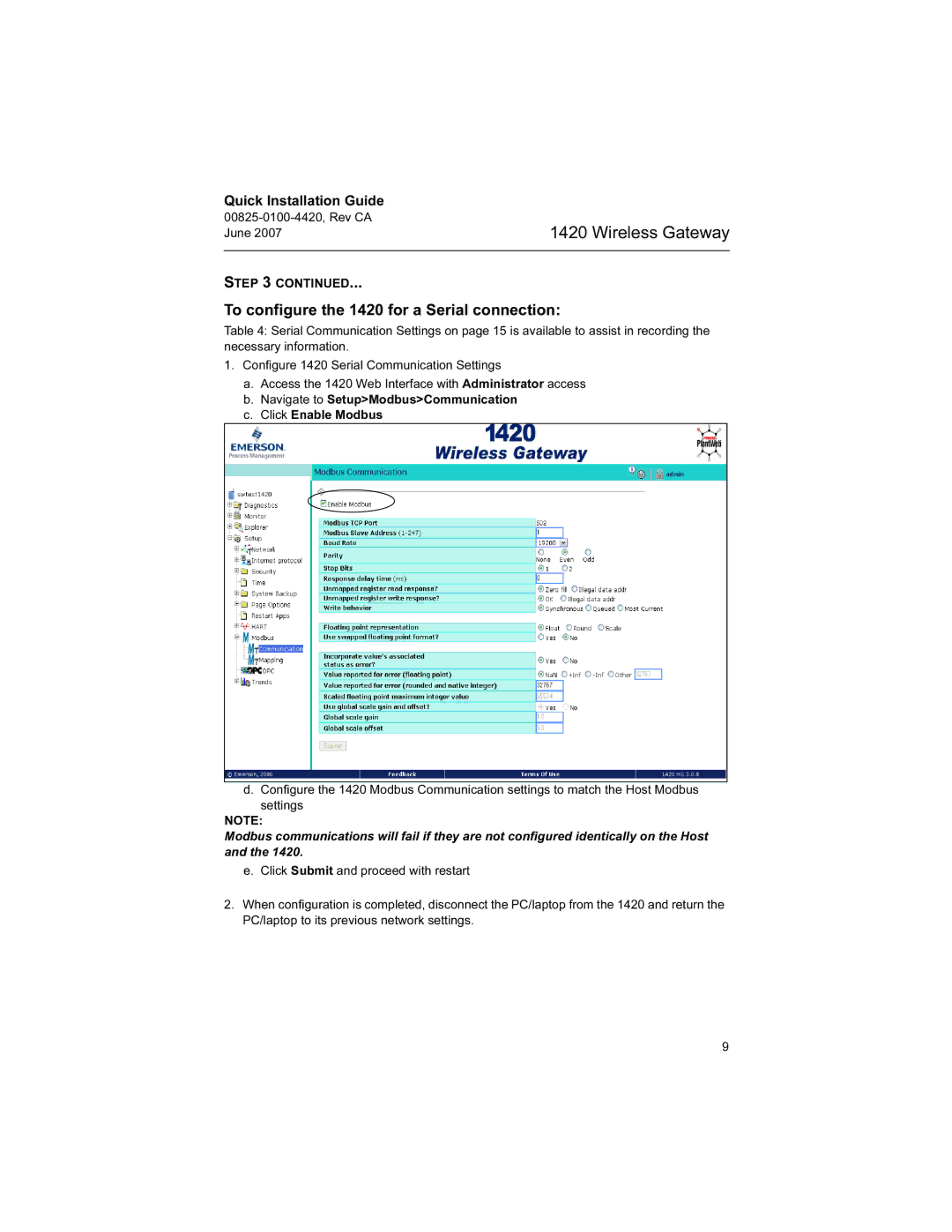 Emerson Process Management manual To configure the 1420 for a Serial connection 