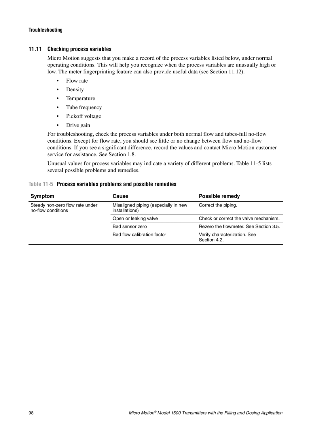 Emerson Process Management 1500 manual Checking process variables, 5Process variables problems and possible remedies 