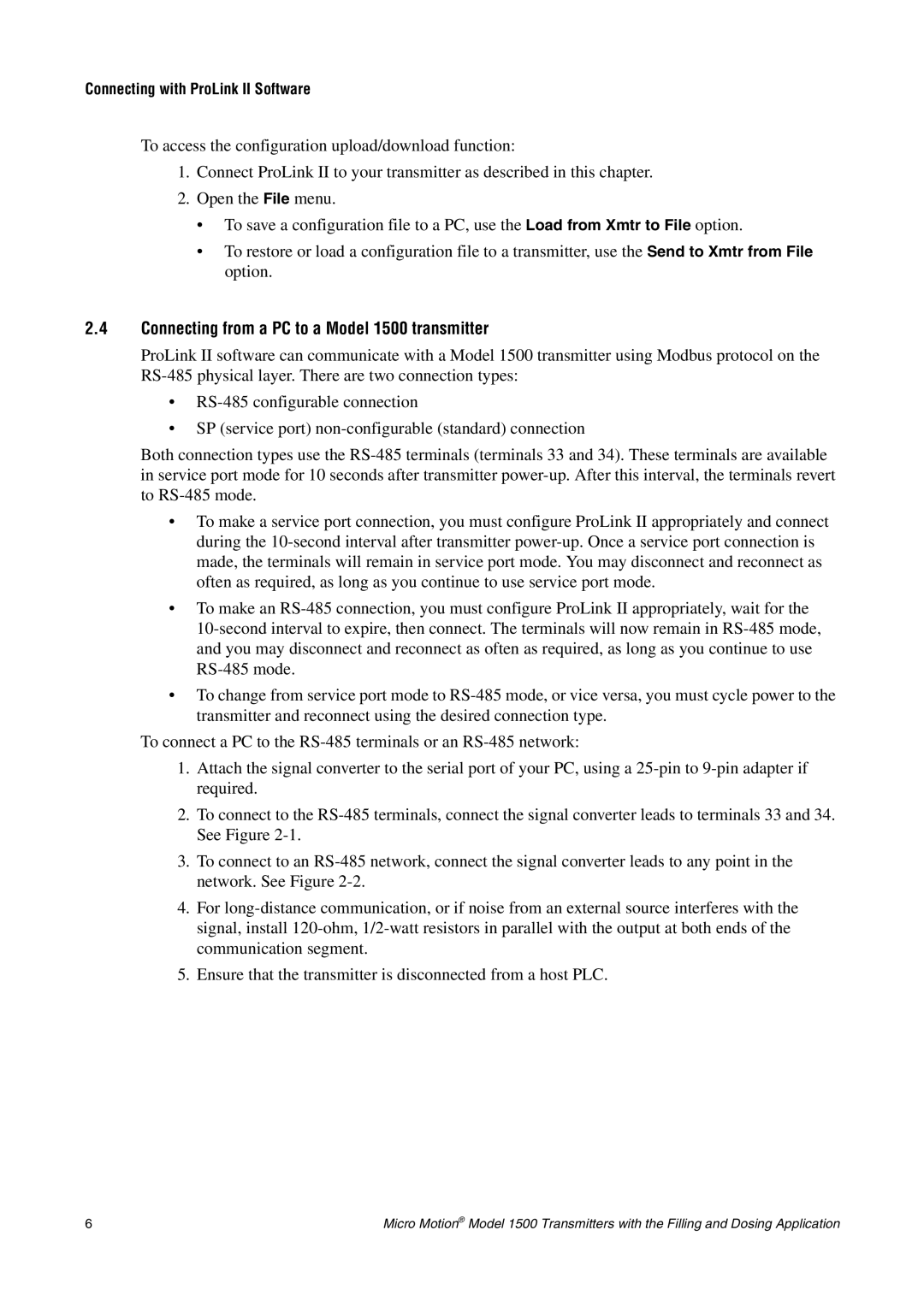 Emerson Process Management manual Connecting from a PC to a Model 1500 transmitter, Connecting with ProLink II Software 