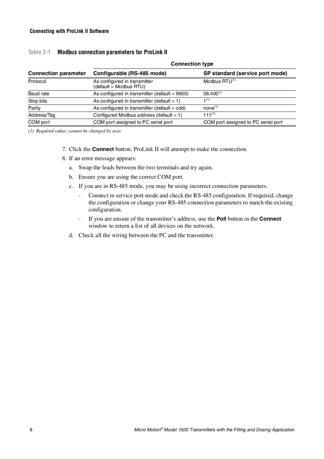 Emerson Process Management 1500 manual 1Modbus connection parameters for ProLink, Connection type 