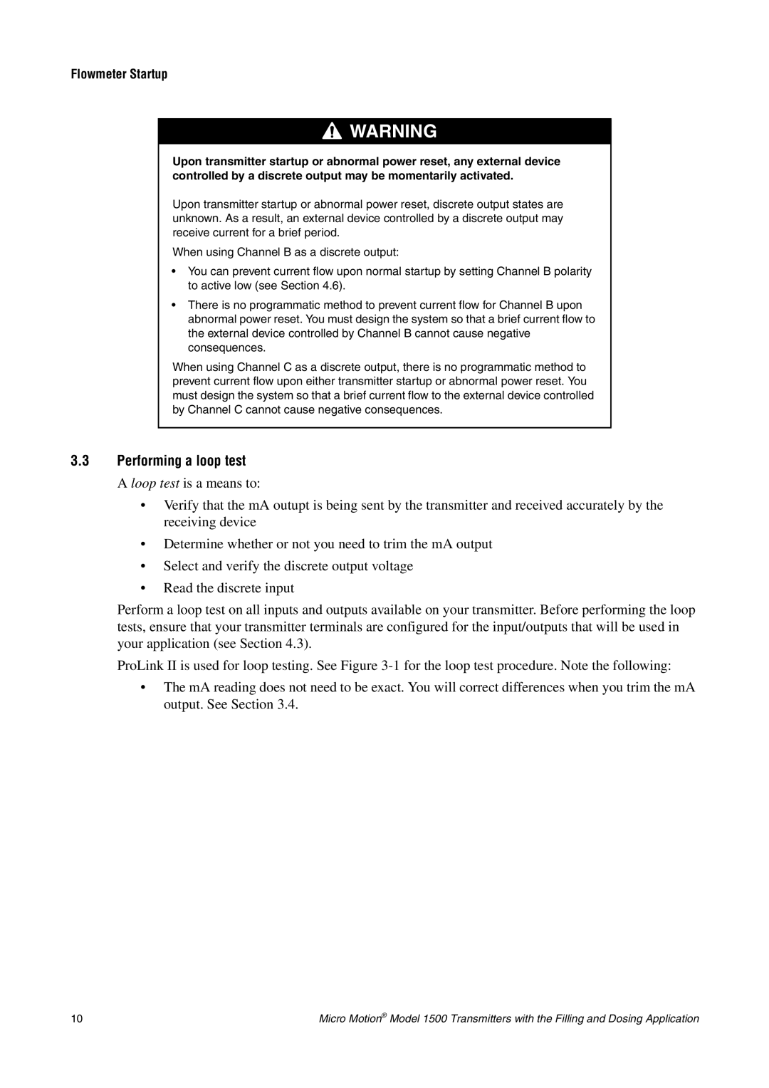 Emerson Process Management 1500 manual Performing a loop test, Flowmeter Startup 