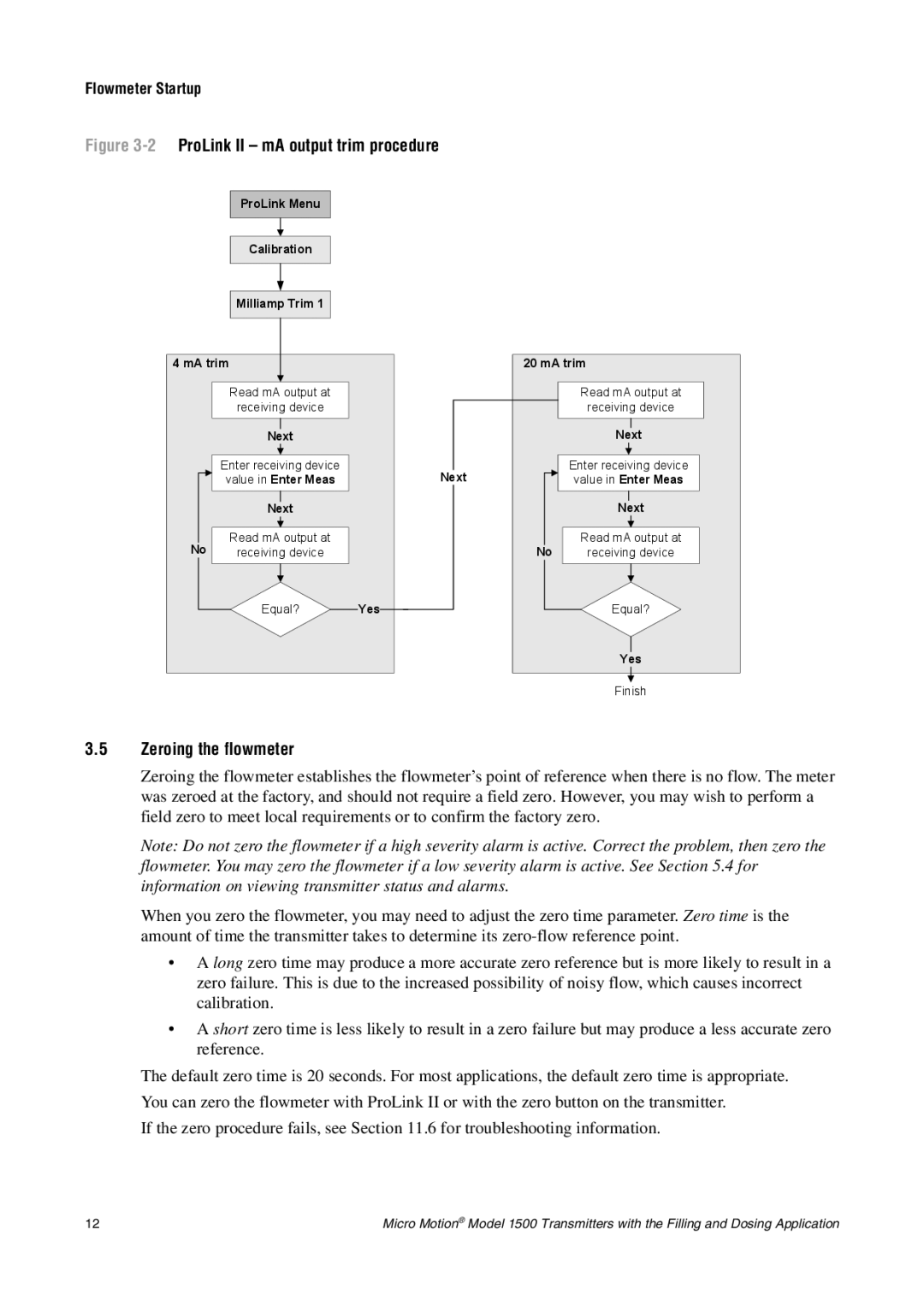 Emerson Process Management 1500 manual 2ProLink II mA output trim procedure, Zeroing the flowmeter 