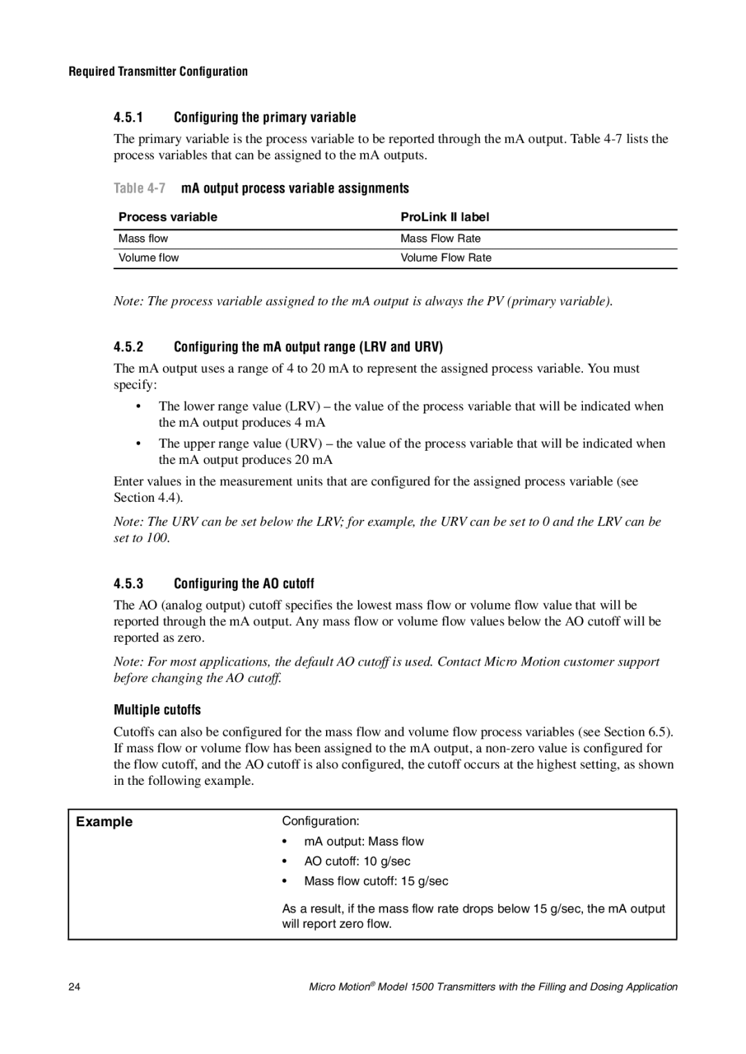 Emerson Process Management 1500 manual Configuring the primary variable, 7mA output process variable assignments, Example 