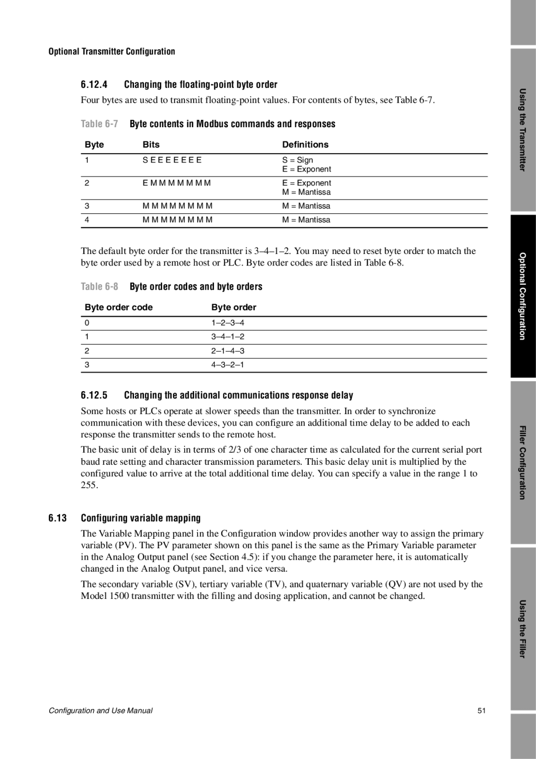 Emerson Process Management 1500 Changing the floating-point byte order, 7Byte contents in Modbus commands and responses 