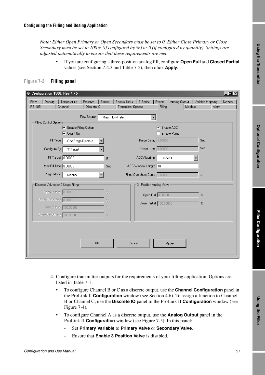 Emerson Process Management 1500 manual 3Filling panel, Set Primary Variable to Primary Valve or Secondary Valve 