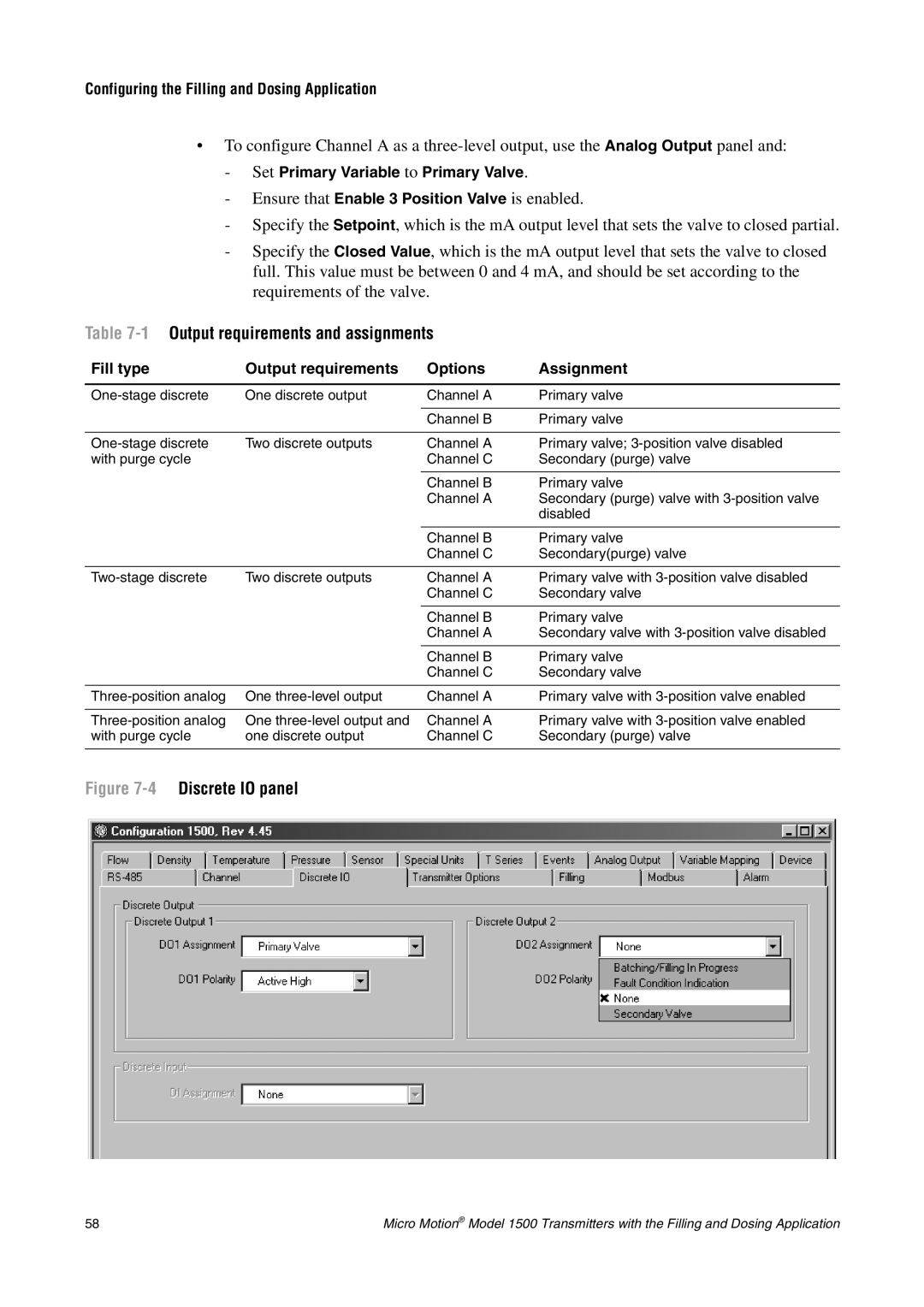 Emerson Process Management 1500 1Output requirements and assignments, Fill type Output requirements Options Assignment 