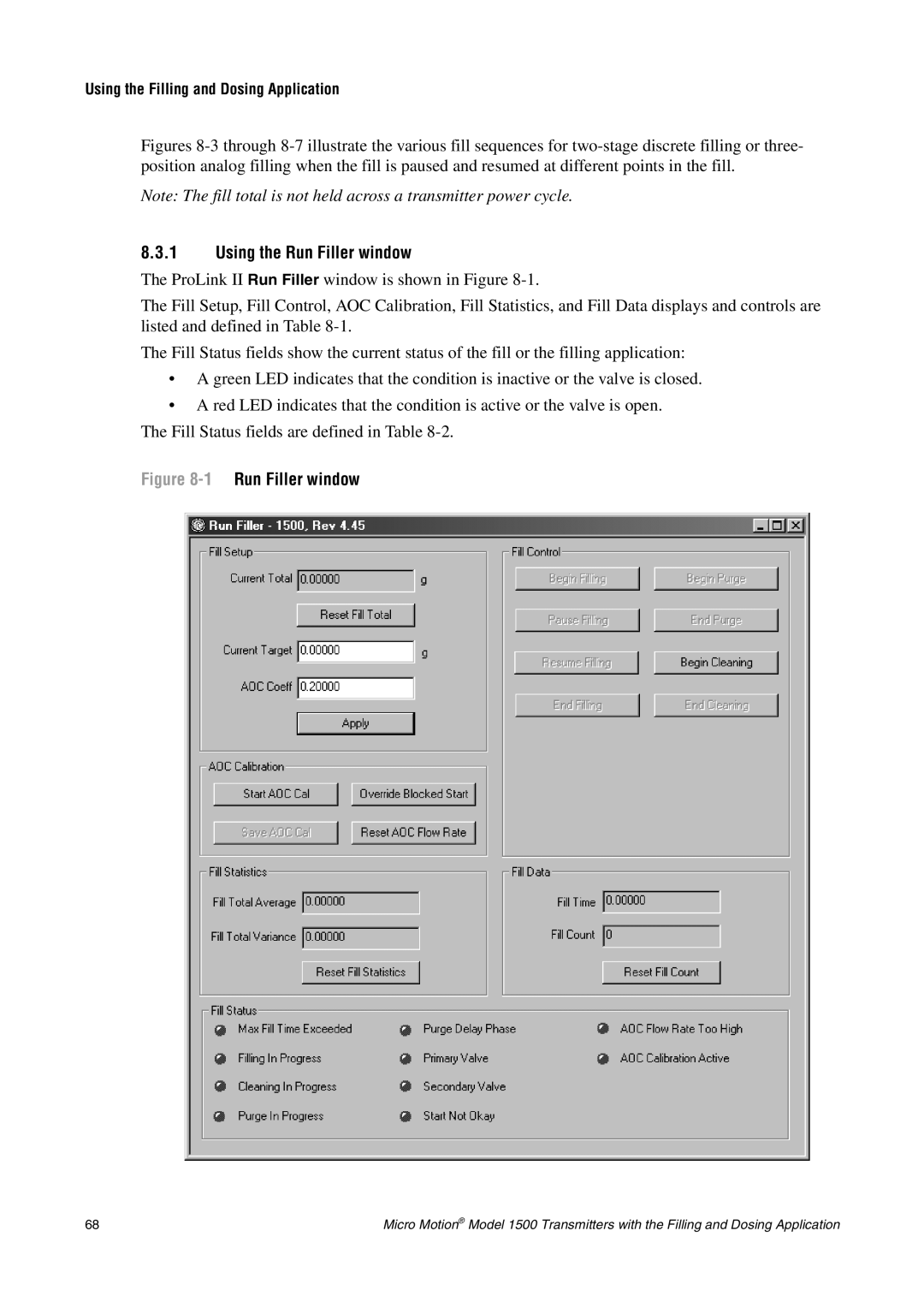 Emerson Process Management 1500 manual Using the Run Filler window, Using the Filling and Dosing Application 