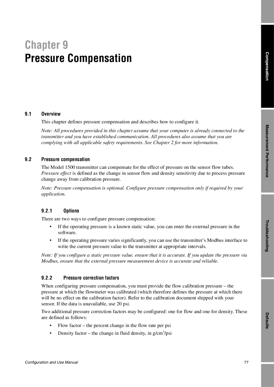 Emerson Process Management 1500 manual Pressure Compensation, Pressure compensation, Options, Pressure correction factors 