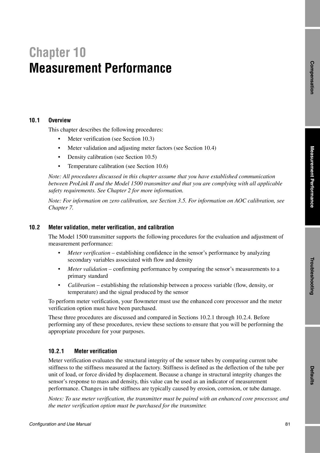 Emerson Process Management 1500 manual Measurement Performance, Meter validation, meter verification, and calibration 