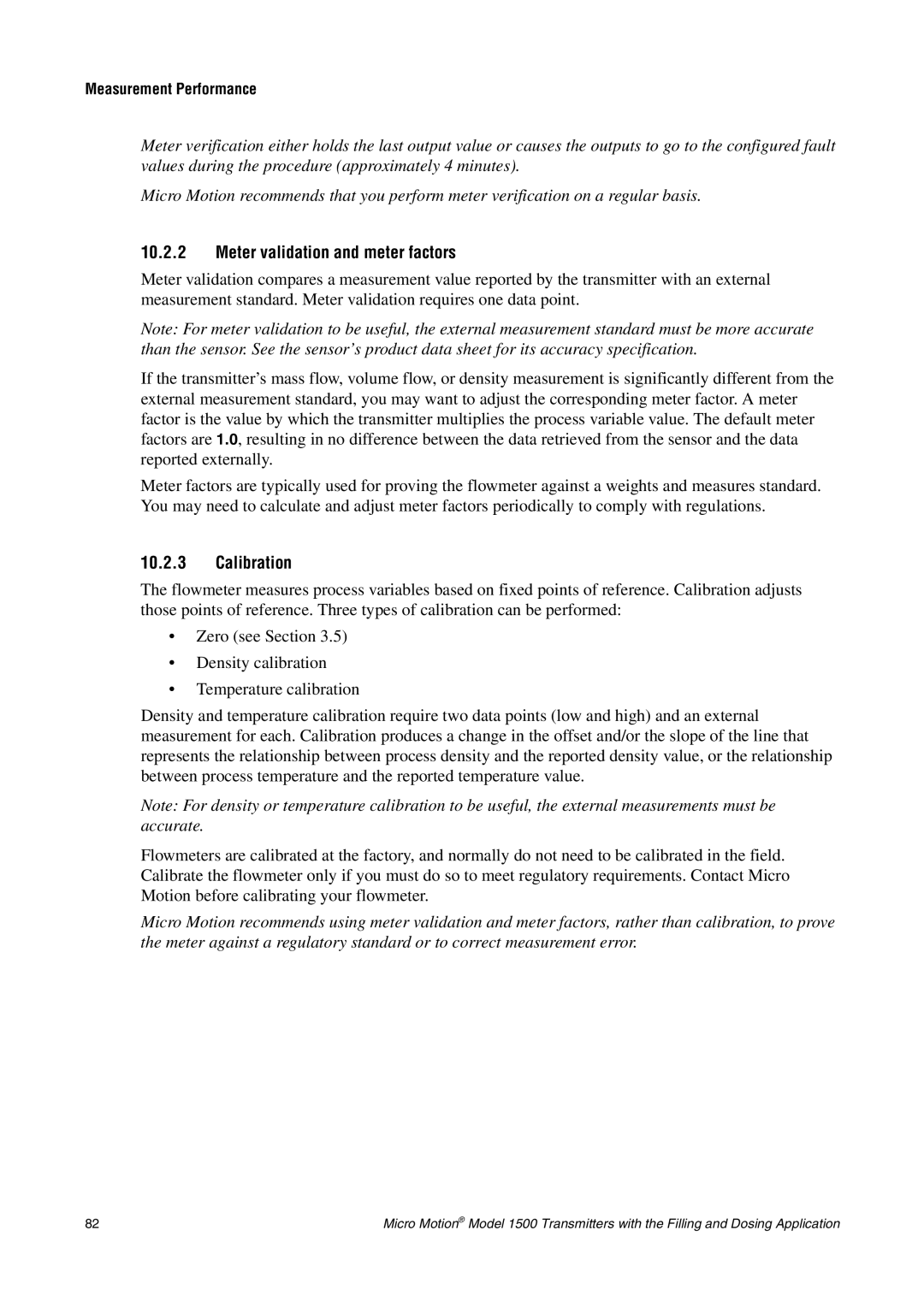 Emerson Process Management 1500 manual Meter validation and meter factors, Calibration, Measurement Performance 