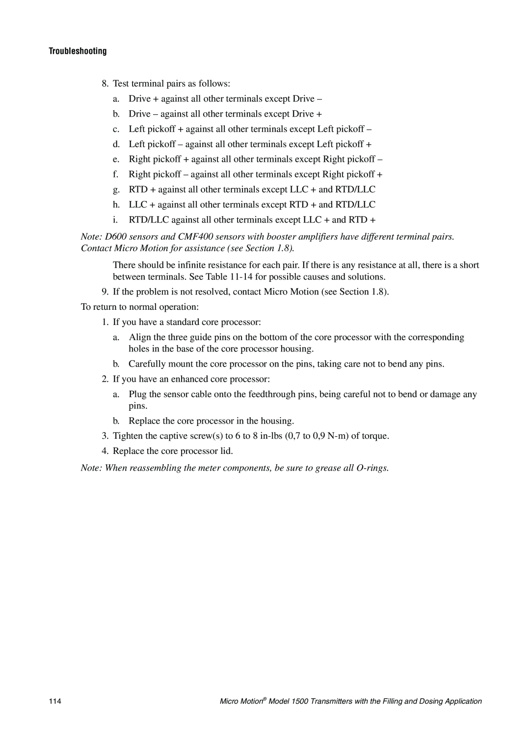Emerson Process Management 1500 manual Test terminal pairs as follows 
