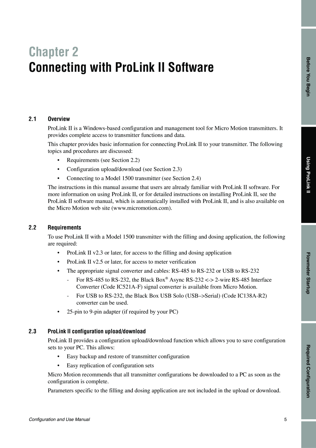 Emerson Process Management 1500 manual Connecting with ProLink II Software, Chapter, 2.1Overview, 2.2Requirements 