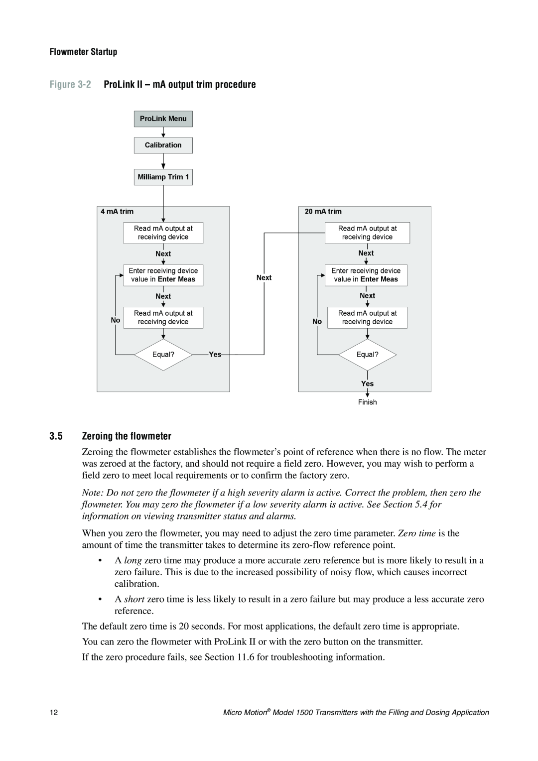 Emerson Process Management 1500 manual 2 ProLink II – mA output trim procedure, 3.5Zeroing the flowmeter 