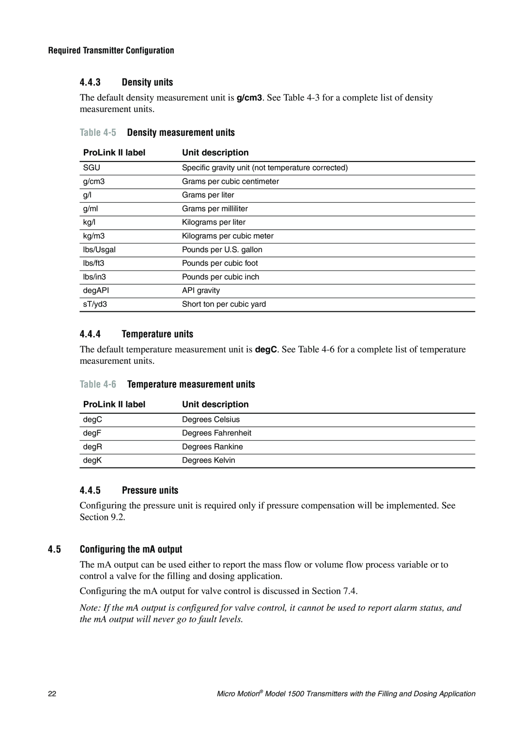 Emerson Process Management 1500 manual 4.4.3Density units, 5 Density measurement units, 4.4.4Temperature units 