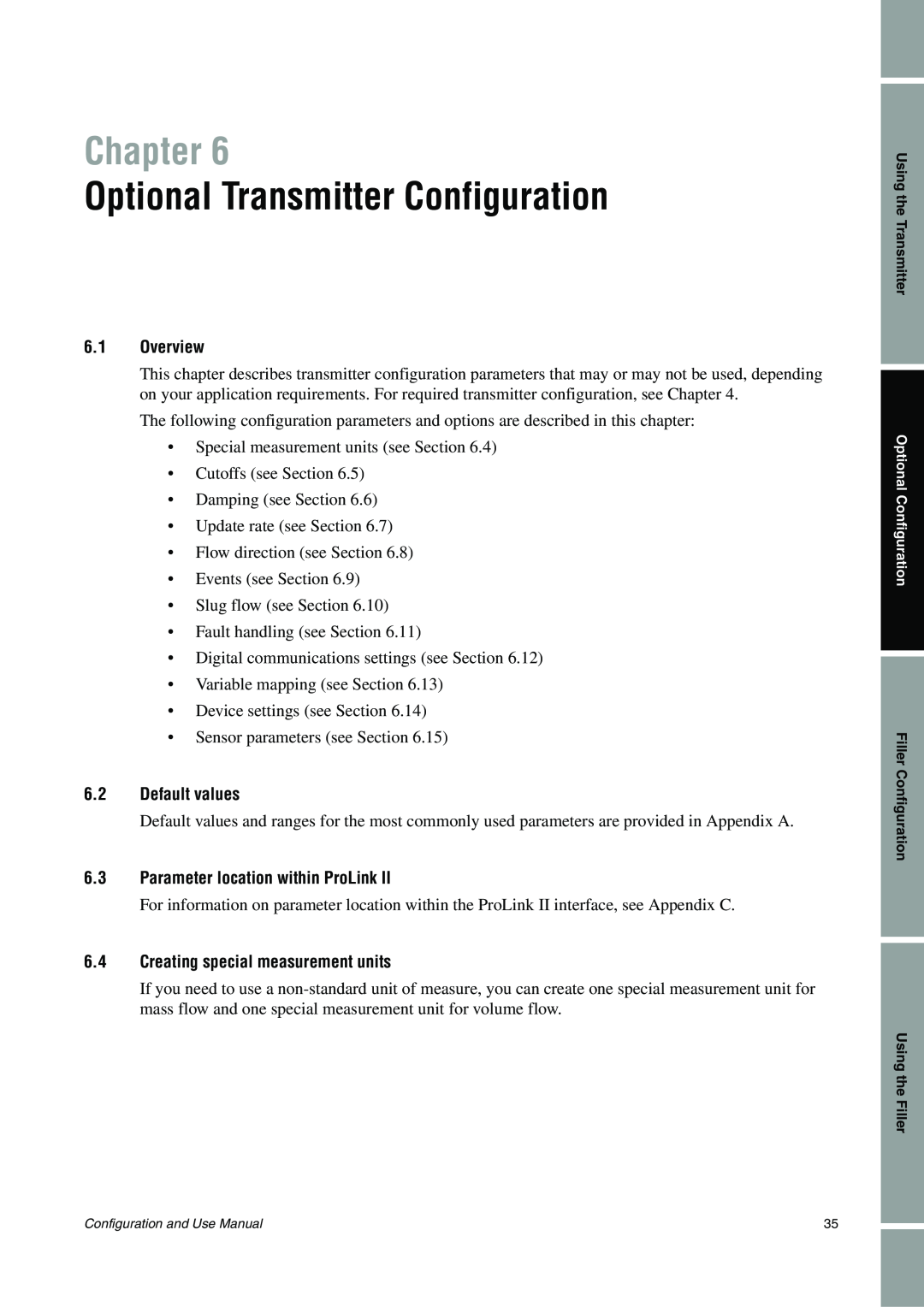 Emerson Process Management 1500 manual Optional Transmitter Configuration, Chapter, 6.1Overview, 6.2Default values 