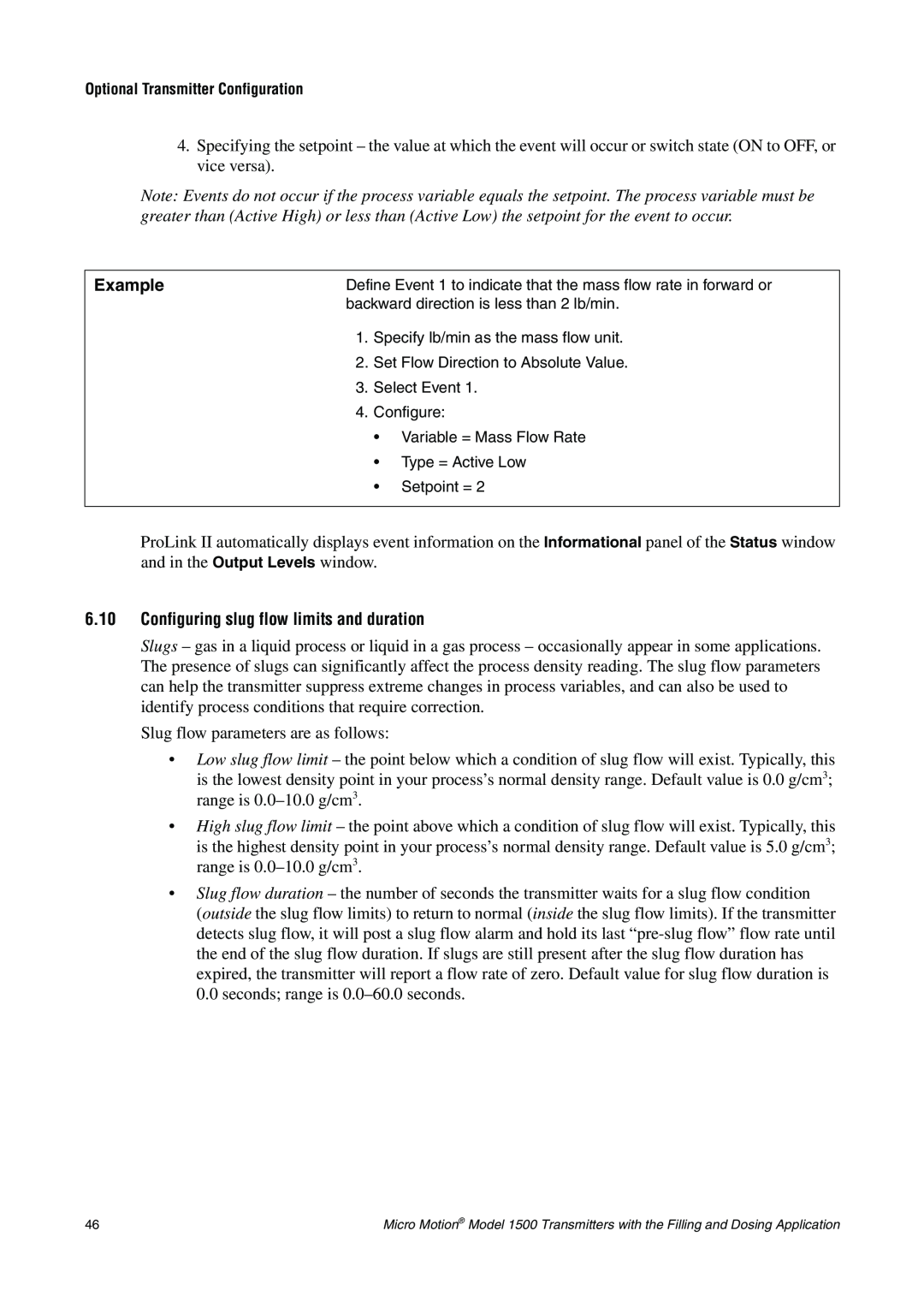 Emerson Process Management 1500 manual Example, 6.10Configuring slug flow limits and duration 