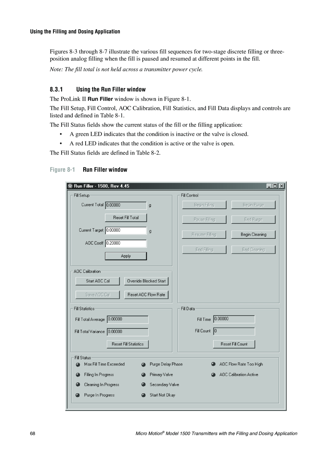 Emerson Process Management 1500 manual 8.3.1Using the Run Filler window, 1 Run Filler window 