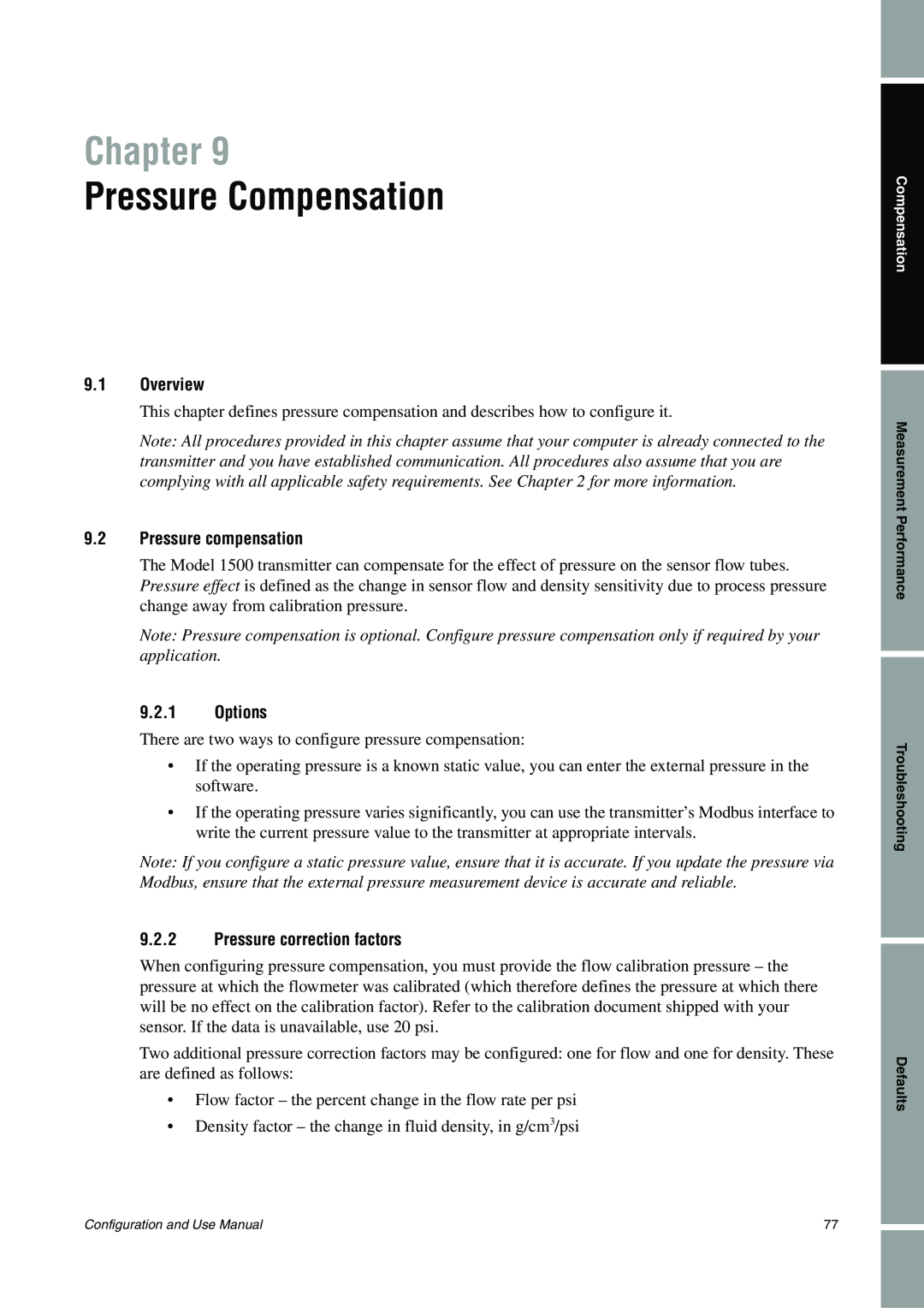 Emerson Process Management 1500 manual Pressure Compensation, Chapter, 9.1Overview, 9.2Pressure compensation, 9.2.1Options 