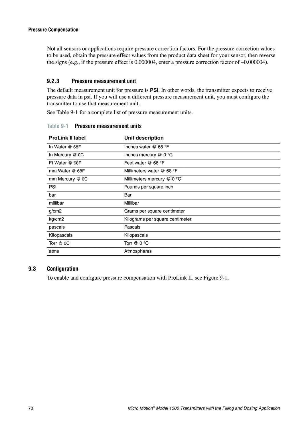 Emerson Process Management 1500 manual 9.2.3Pressure measurement unit, 1 Pressure measurement units, 9.3Configuration 