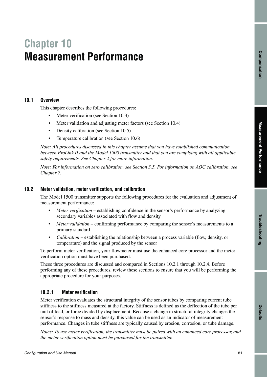 Emerson Process Management 1500 manual Measurement Performance, Chapter, 10.1Overview, 10.2.1Meter verification 