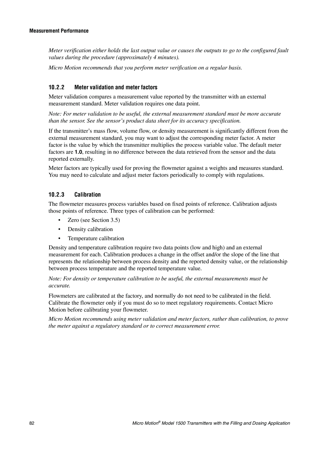 Emerson Process Management 1500 manual 10.2.2Meter validation and meter factors, 10.2.3Calibration 