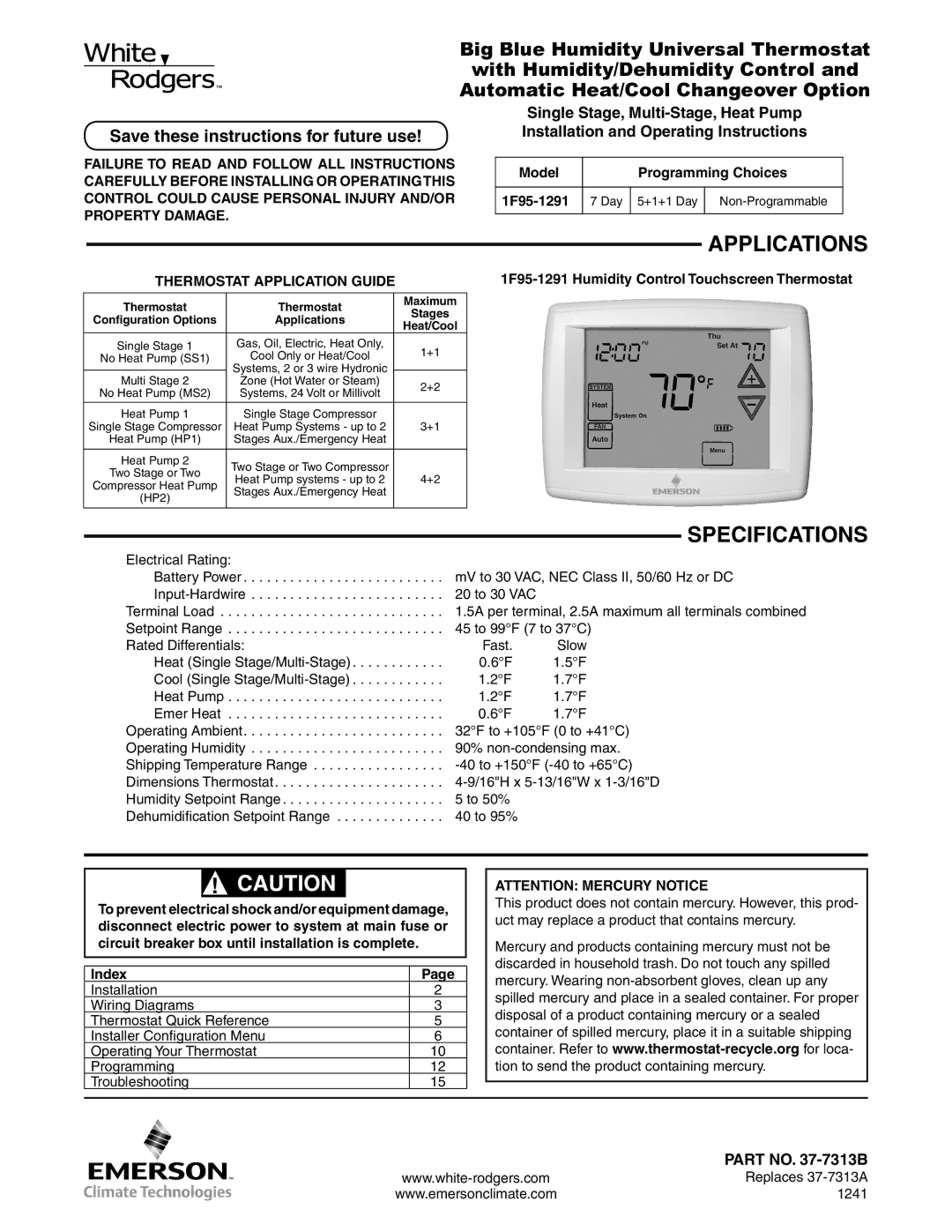 Emerson Process Management 1F95-1291 specifications Save these instructions for future use, Index 