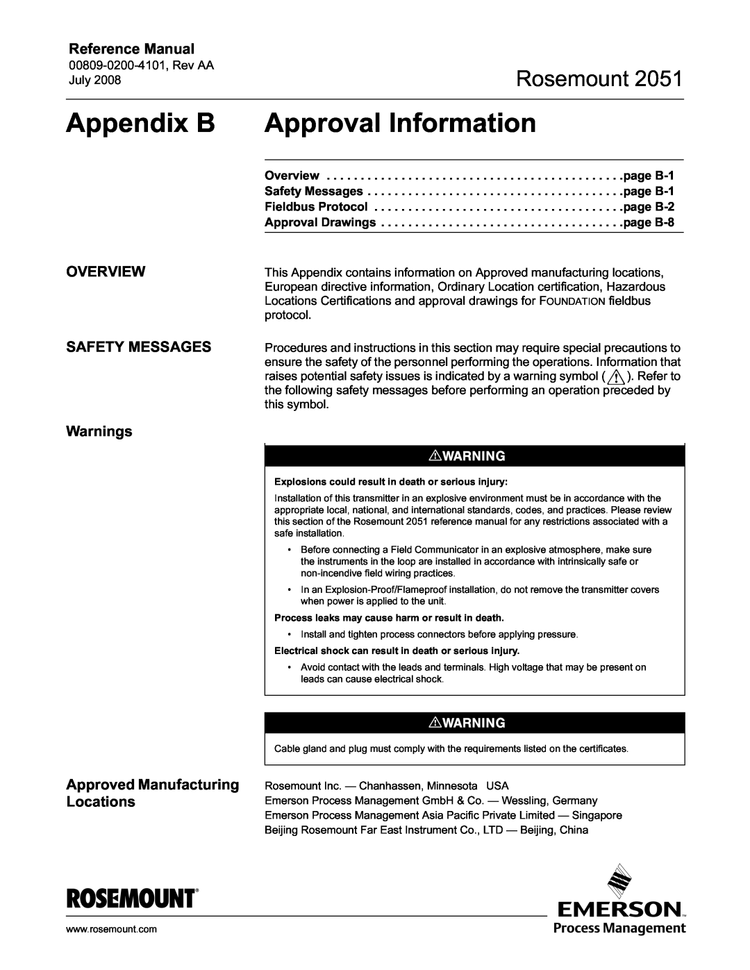 Emerson Process Management 2051 manual Appendix B Approval Information, Overview Safety Messages, Warnings, Rosemount 