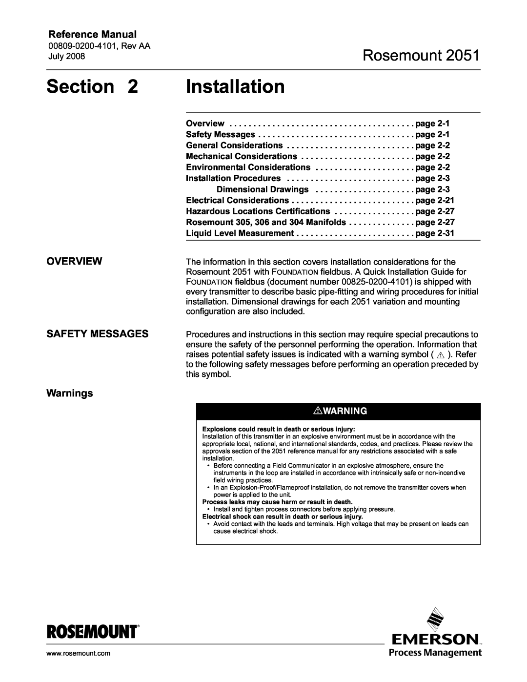 Emerson Process Management 2051 Installation, OVERVIEW SAFETY MESSAGES Warnings, Section, Rosemount, Reference Manual 