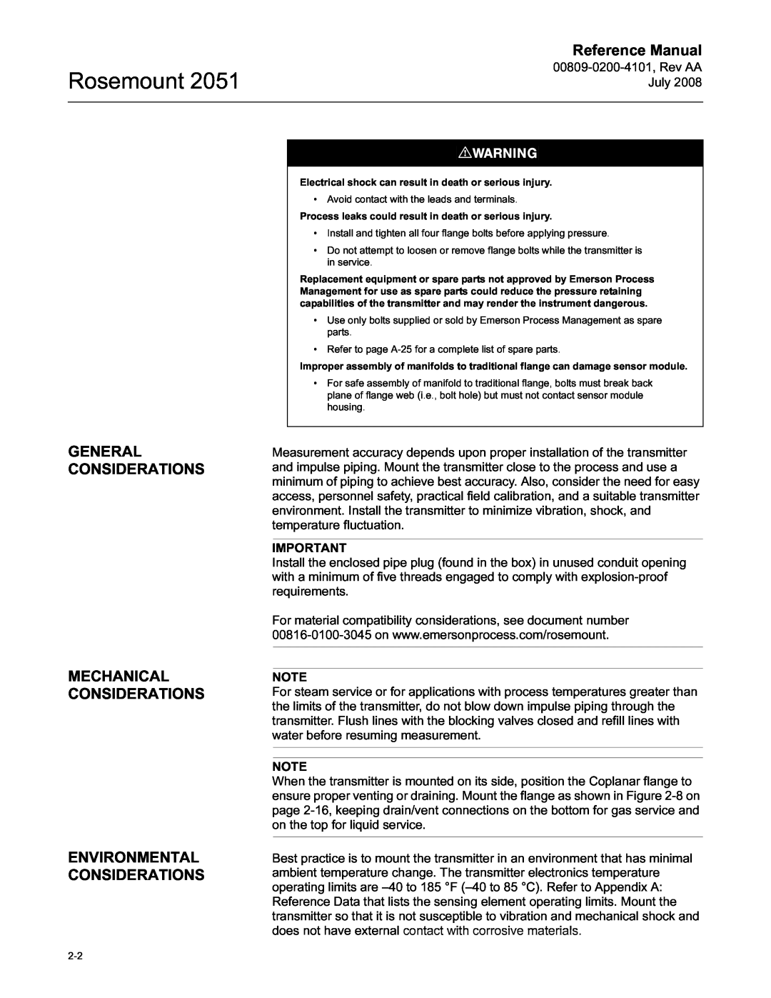 Emerson Process Management 2051 manual General, Considerations, Mechanical, Environmental, Rosemount, Reference Manual 
