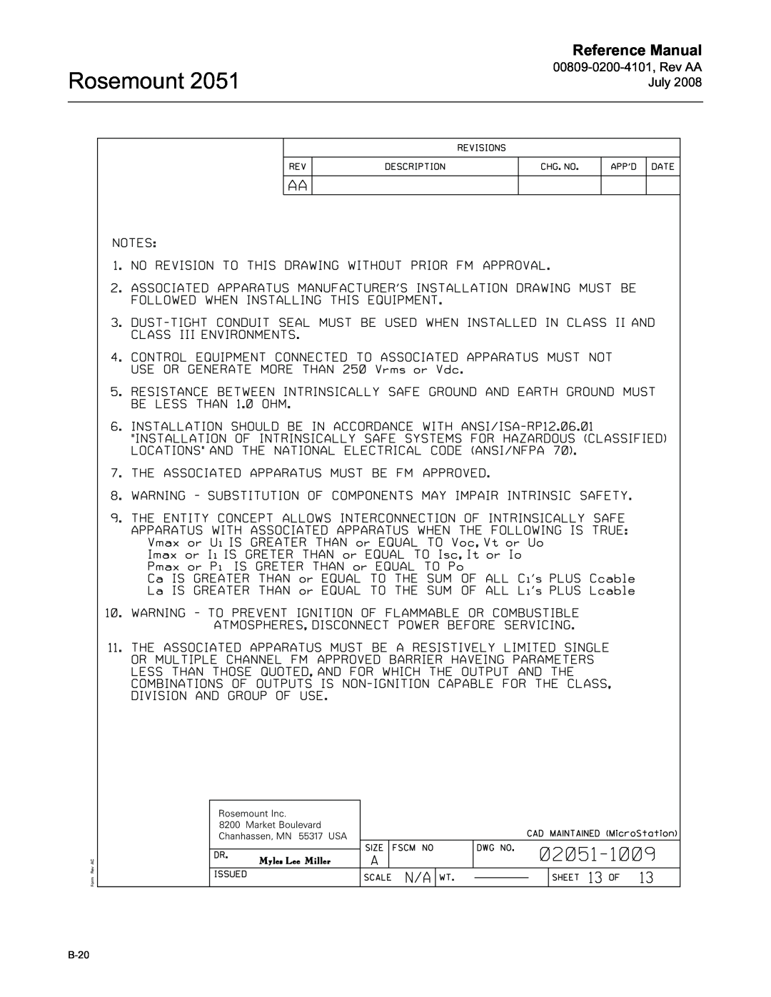 Emerson Process Management 2051 manual Rosemount, Reference Manual, B-20 