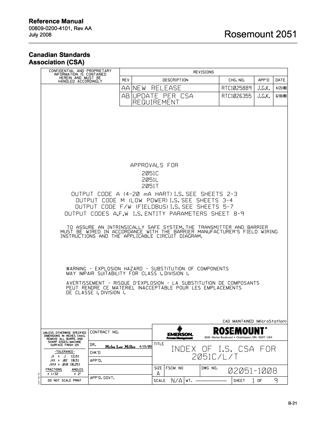 Emerson Process Management 2051 manual Canadian Standards Association CSA, Rosemount, Reference Manual, B-21 