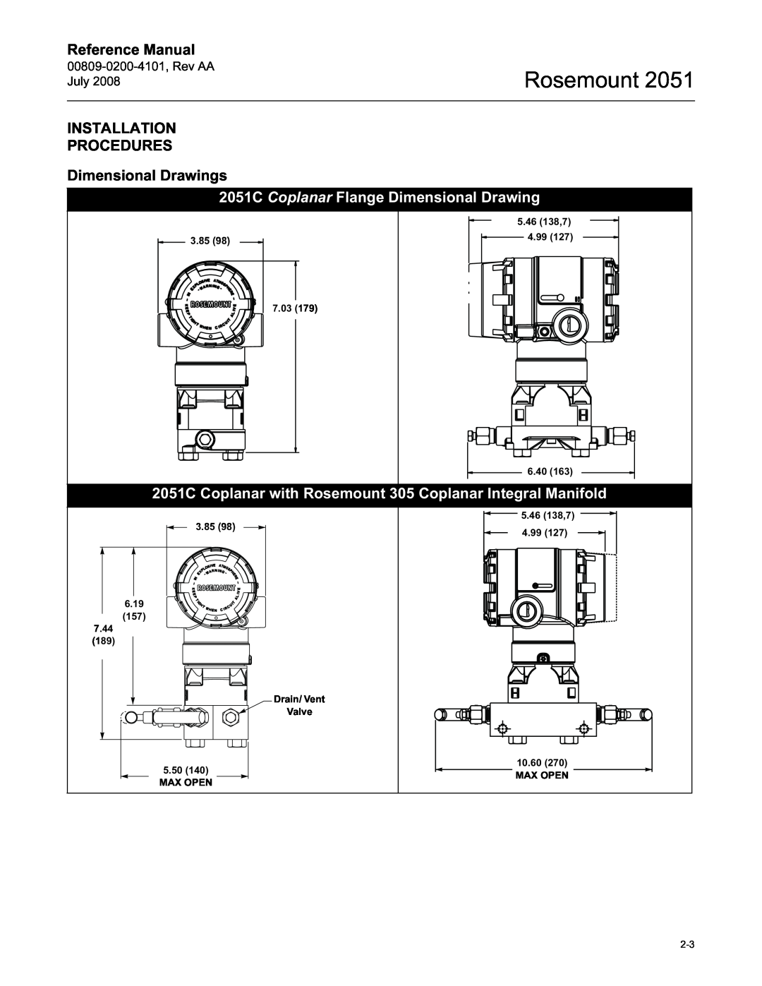 Emerson Process Management Installation Procedures, Dimensional Drawings, 2051C Coplanar Flange Dimensional Drawing 