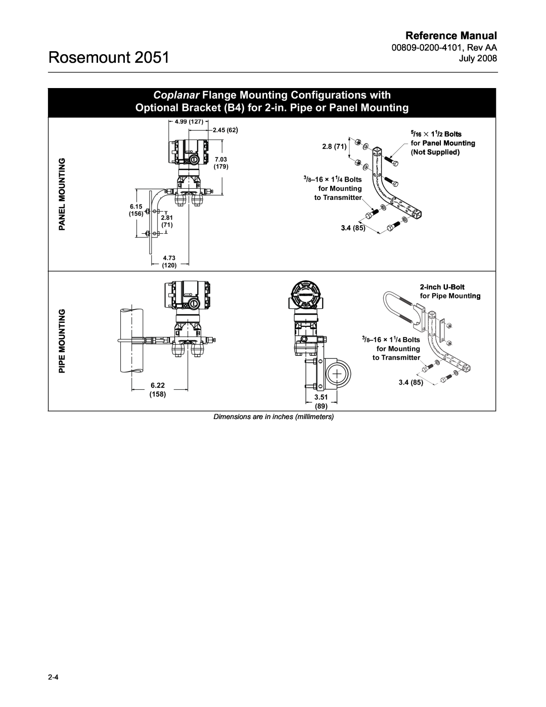 Emerson Process Management 2051 manual Coplanar Flange Mounting Configurations with, Rosemount, Reference Manual, July 