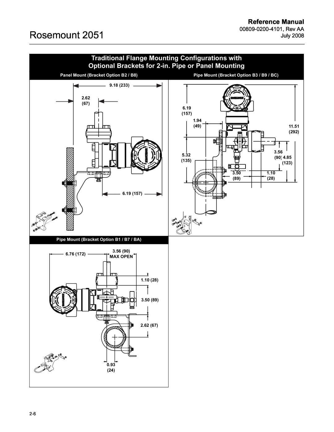 Emerson Process Management 2051 manual Traditional Flange Mounting Configurations with, Rosemount, Reference Manual 