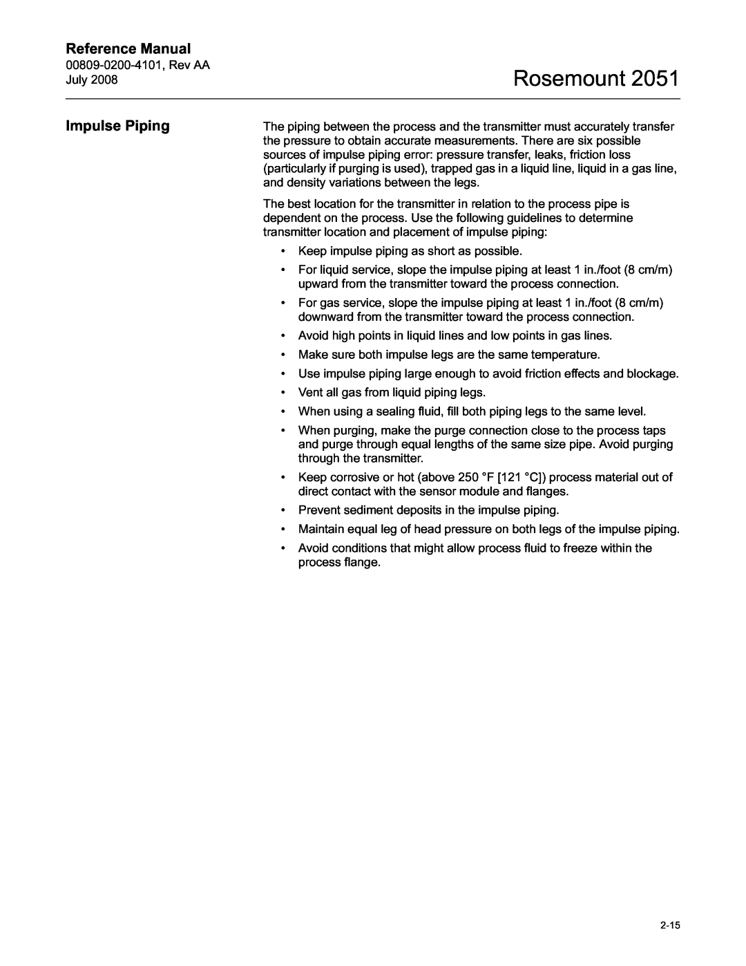 Emerson Process Management 2051 manual Impulse Piping, Rosemount, Reference Manual 