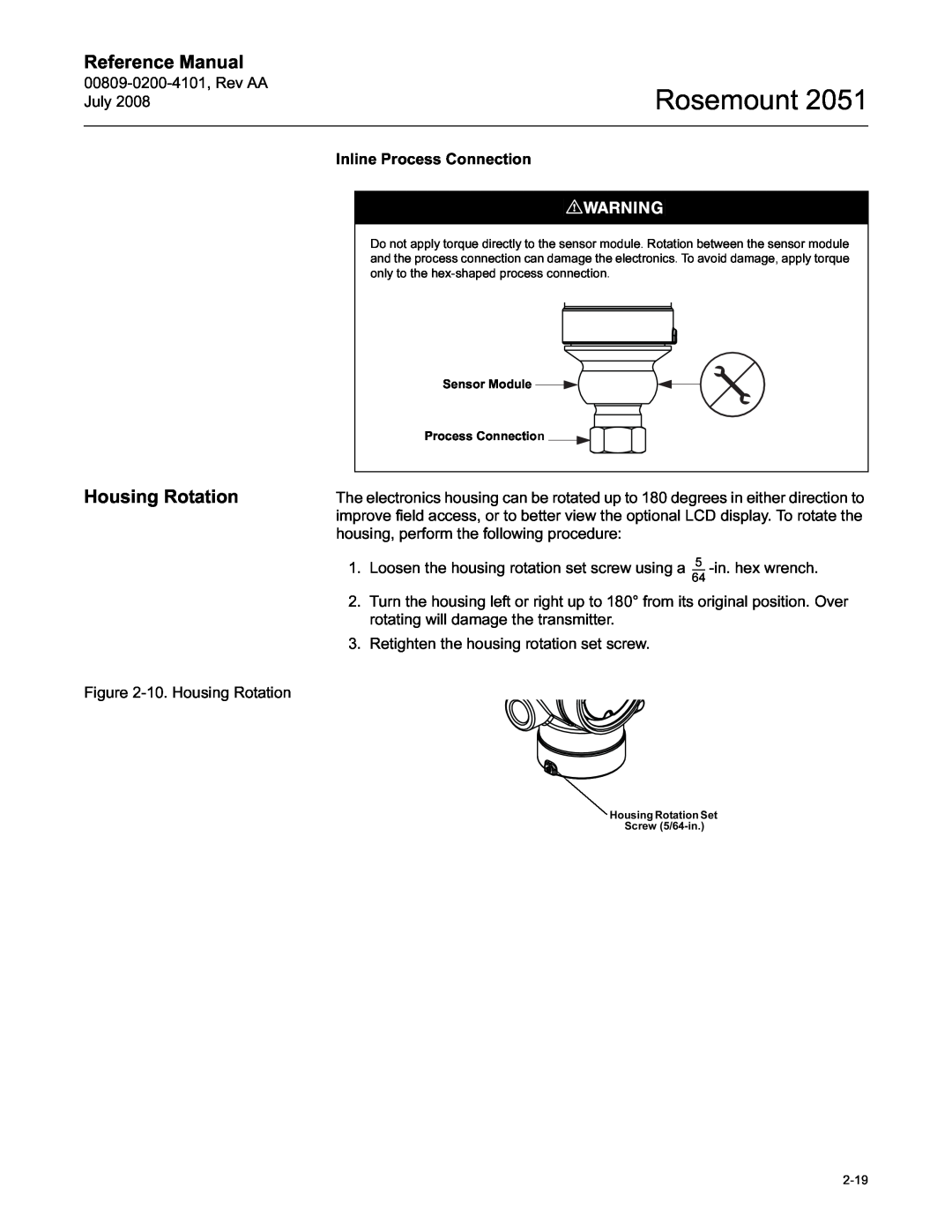 Emerson Process Management 2051 manual Housing Rotation, Rosemount, Reference Manual 