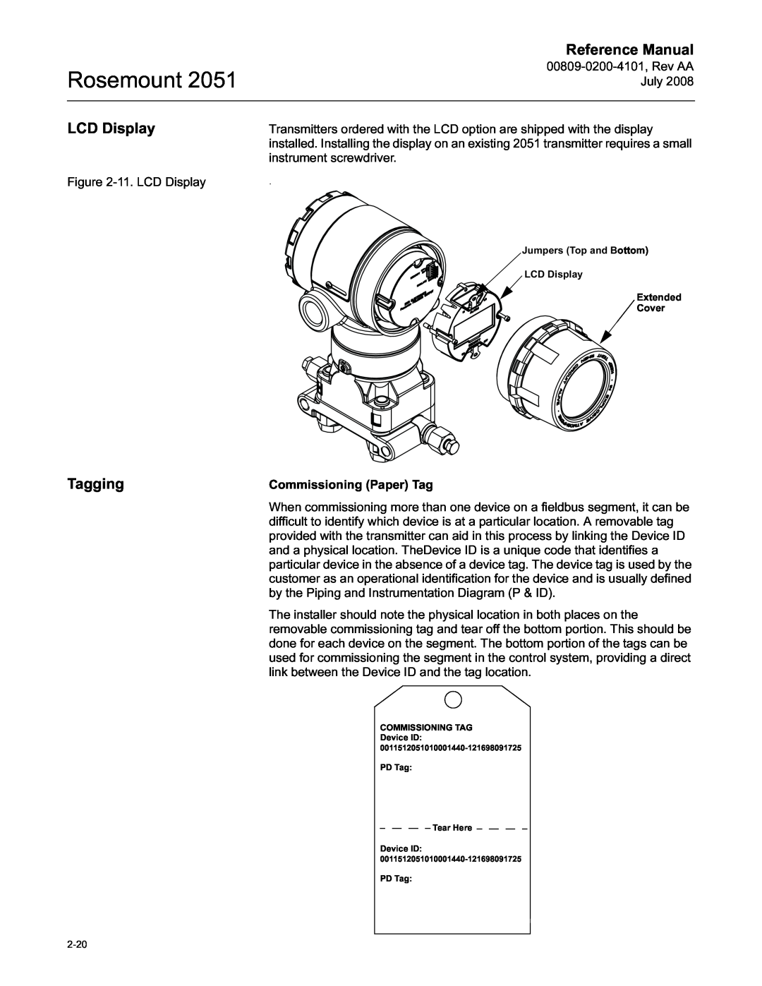 Emerson Process Management 2051 manual LCD Display, Tagging, Rosemount, Reference Manual 