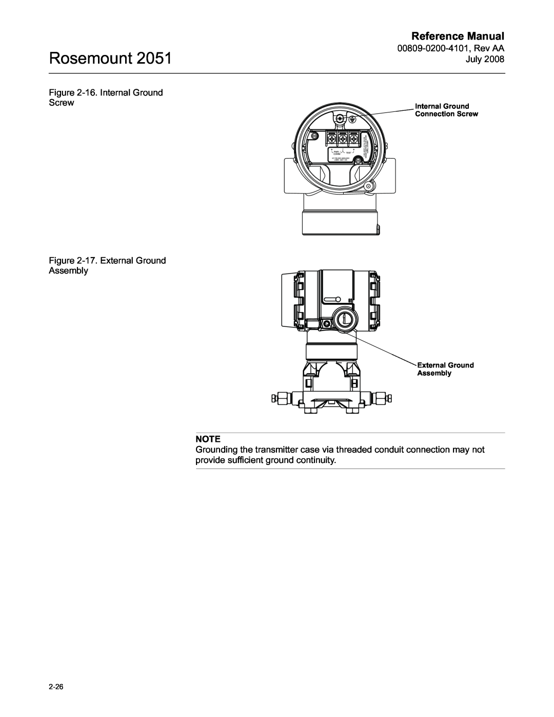 Emerson Process Management 2051 Rosemount, Reference Manual, 00809-0200-4101,Rev AA July, 16.Internal Ground Screw, 2-26 